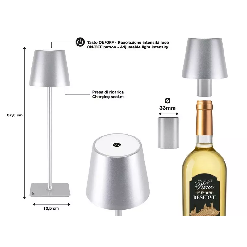 Beper P201UTP117 candeeiro de mesa LED recarregável, 1,5 W, interruptor tátil, regulável, adaptador para garrafa de 33 mm, resistente à água, prateado