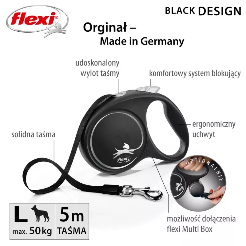 Treia Flexi Black Design L 5 m com mecanismo retrátil para cão