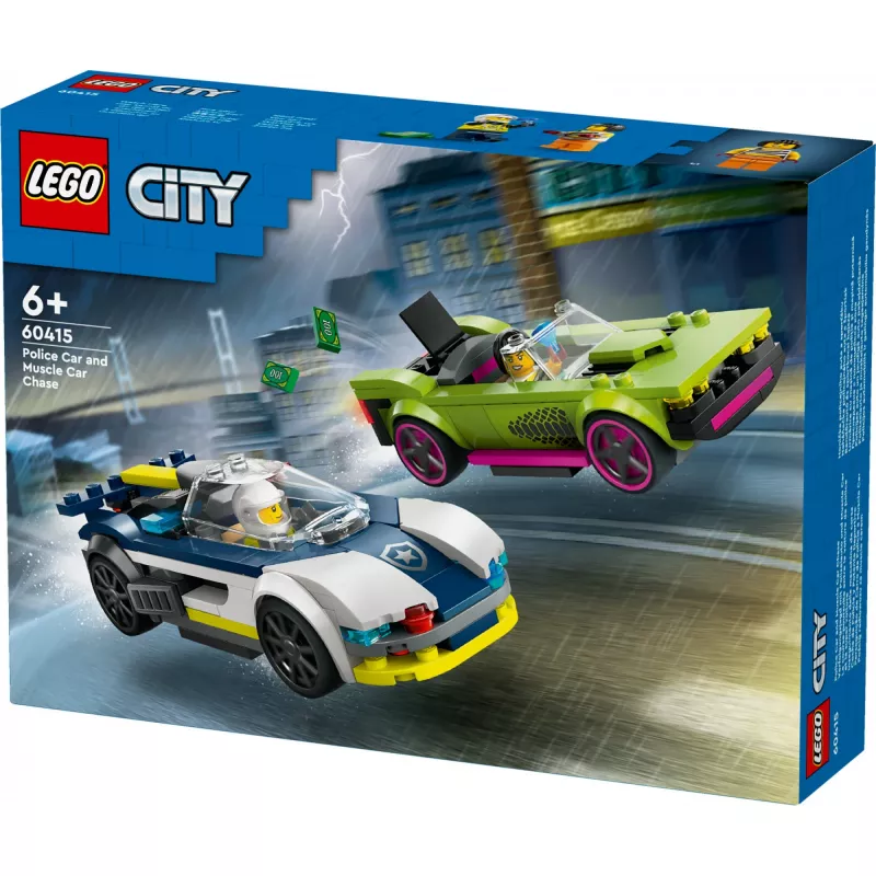 Conjunto de brincar LEGO City 60415 Carro de polícia e perseguição de muscle car — 213 peças, 2 minifiguras, idade 6+