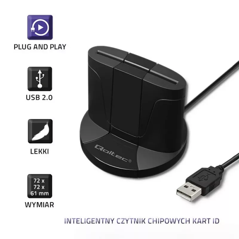 Leitor de cartões inteligentes Qoltec 50632 USB 2.0 preto cabo 1m