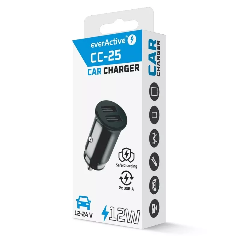 Carregador de automóvel everActive CC-25 — 2 portas USB, 12W de potência total, corrente de veículo 12V–24V