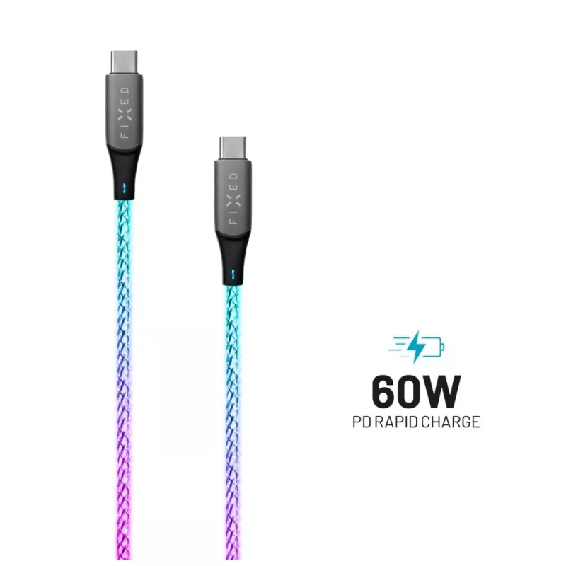 Cabo de carregamento USB-C para USB-C FIXED FIXDLED-CC-RA com suporte PD e comprimento fixo, LED arco-íris integrado