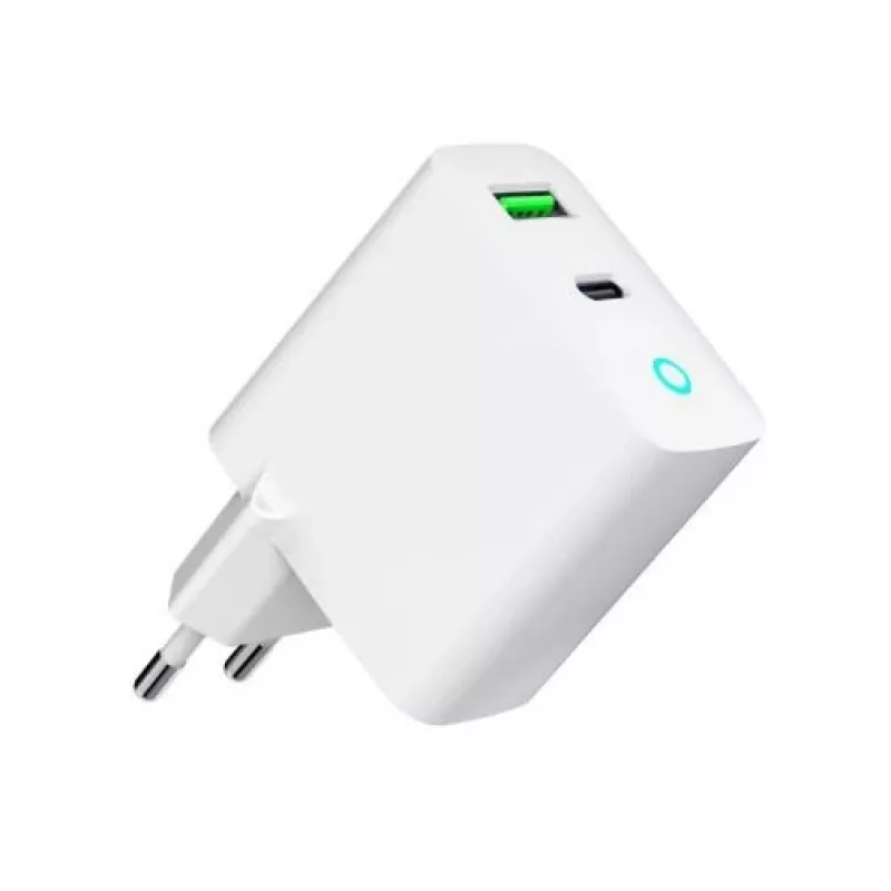 Carregador de rede 220V GEMBIRD, universal, 1x USB Type-C PD 20 W, 1x USB-A 3.0 QC 18 W, indicador LED, branco