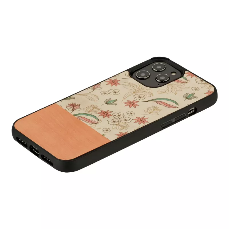 Capa protetora Man and Wood para iPhone 12 / 12 Pro – flor rosa sobre preto