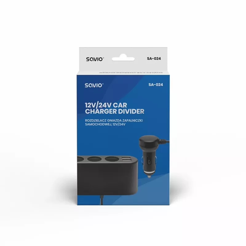 Carregador USB para automóvel SAVIO SA-024 — carregador universal para dispositivos móveis, entrada 12–24 V, saída 5 V, preto, isqueiro