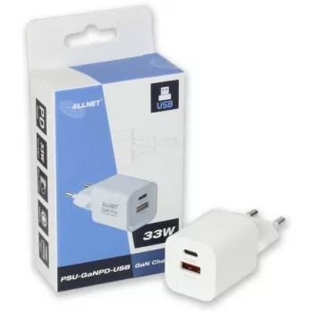Fonte de alimentação ALLNET PSU-GaNPD-USB-1A1C-33W — carregador USB-C PD e USB-A QC 33W, ficha EU