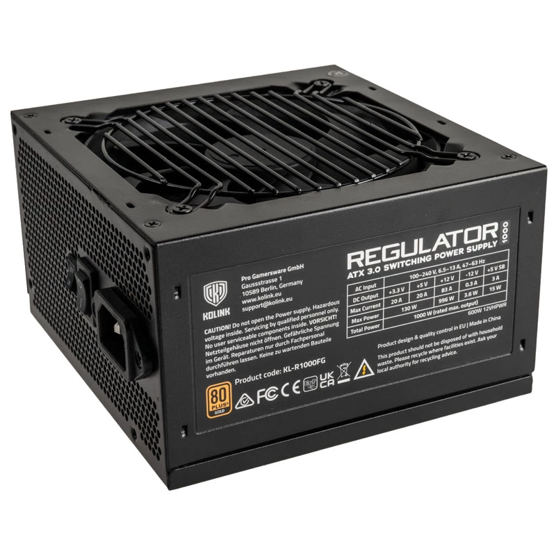 Fonte de alimentação Kolink Regulator 80 PLUS Gold, ATX 3.0, PCIe 5.0, modular - 1000 Watt