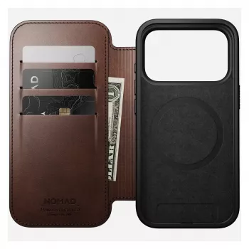 Capa para telemóvel Nomad Modern Leather Folio para iPhone 17 Pro, pele/alumínio, 16 cm (6,3 polegadas) castanha, 4 compartimentos para cartões