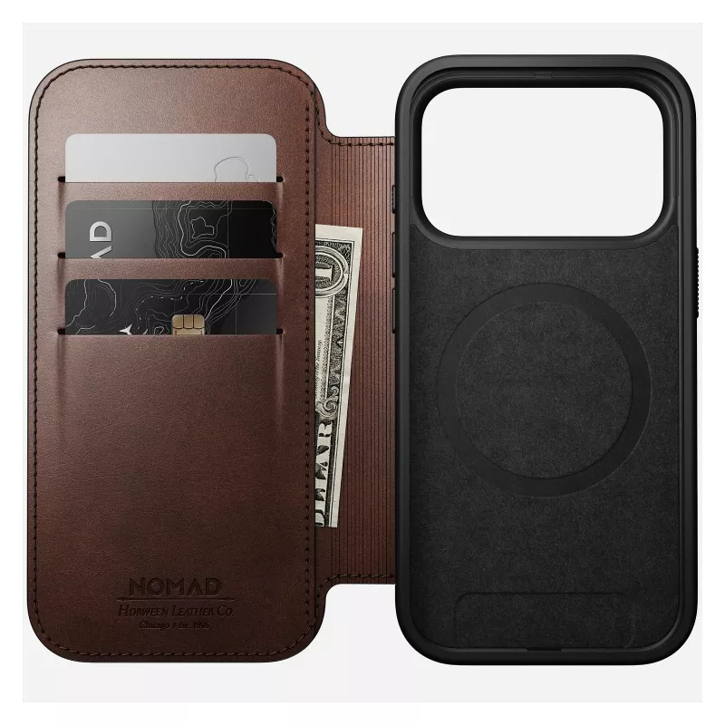 Capa para telemóvel Nomad Modern Leather Folio para iPhone 17 Pro, pele/alumínio, 16 cm (6,3 polegadas) castanha, 4 compartimentos para cartões