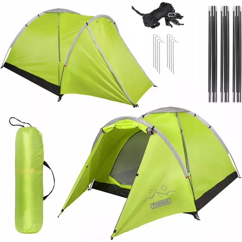 Tenda PROMIS NT80 — tenda de campismo para 3 pessoas com alpendre e rede mosquiteira, área de base 2x2 m