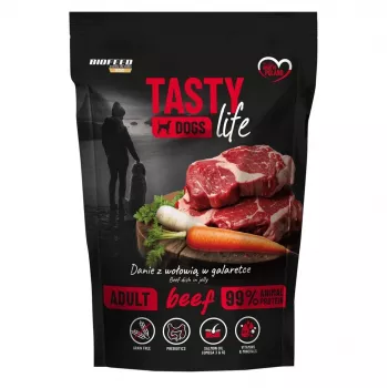 Ração húmida para cães BIOFEED Tasty Life vaca 90% 500 g saco, alimento completo para cães adultos, proteína 12%, gordura 6,5%, humidade 79%