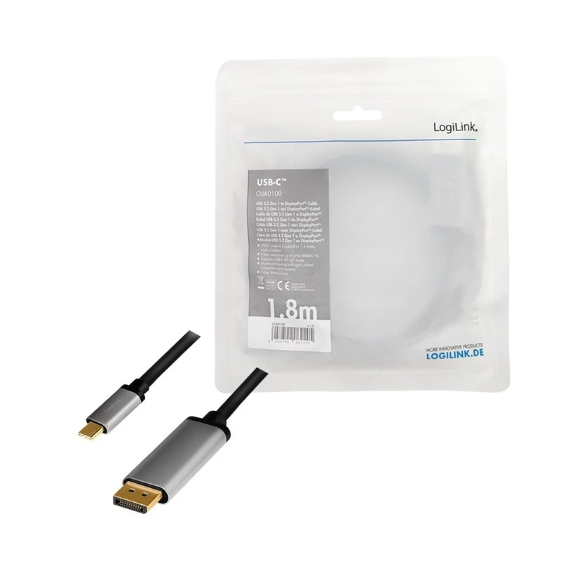 Adaptador de cabo LogiLink CUA0100 DisplayPort USB 3.2 Gen1 Type-C 1,8m preto cinzento