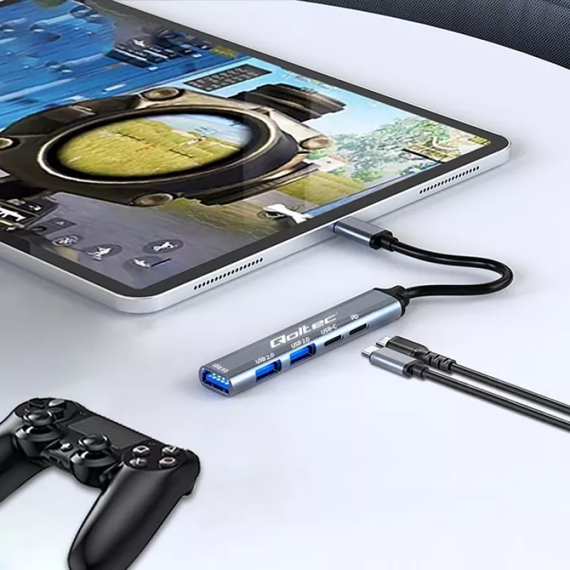 Qoltec 53790 Hub adaptador USB-C 3.1 5em1 | USB-C PD | USB-C | 2x USB 2.0 | USB 3.0