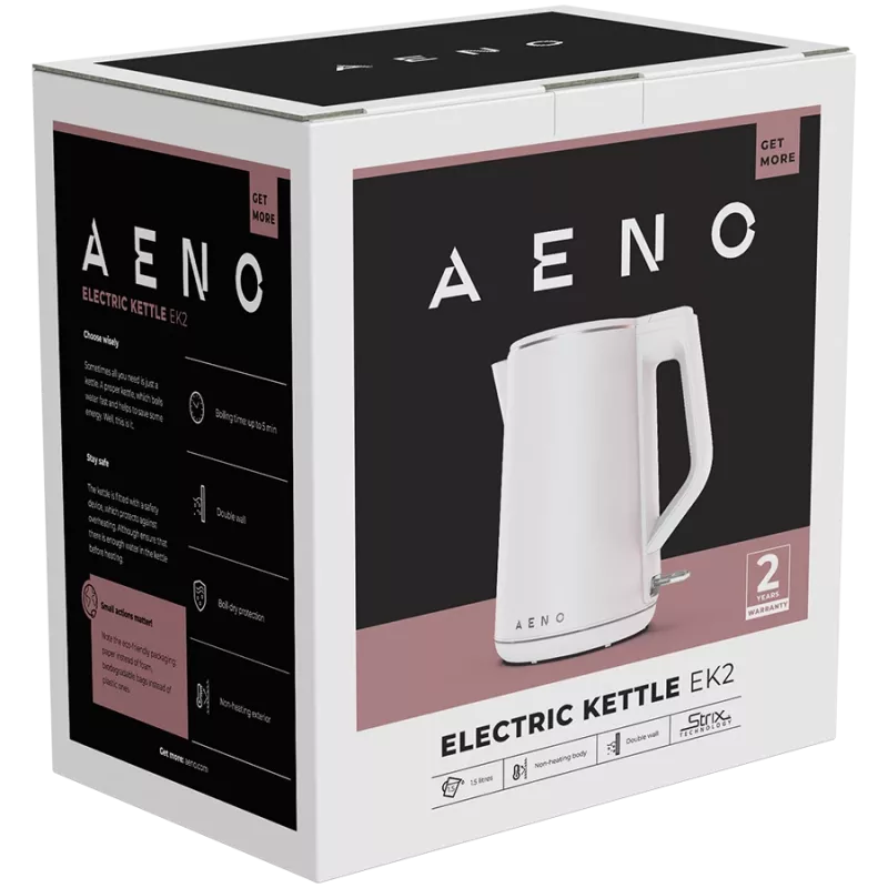 Chaleira AENO EK2: 1850-2200W, 1,5L, Strix, parede dupla, corpo que não aquece, desligamento automático, proteção contra funcionamento a seco