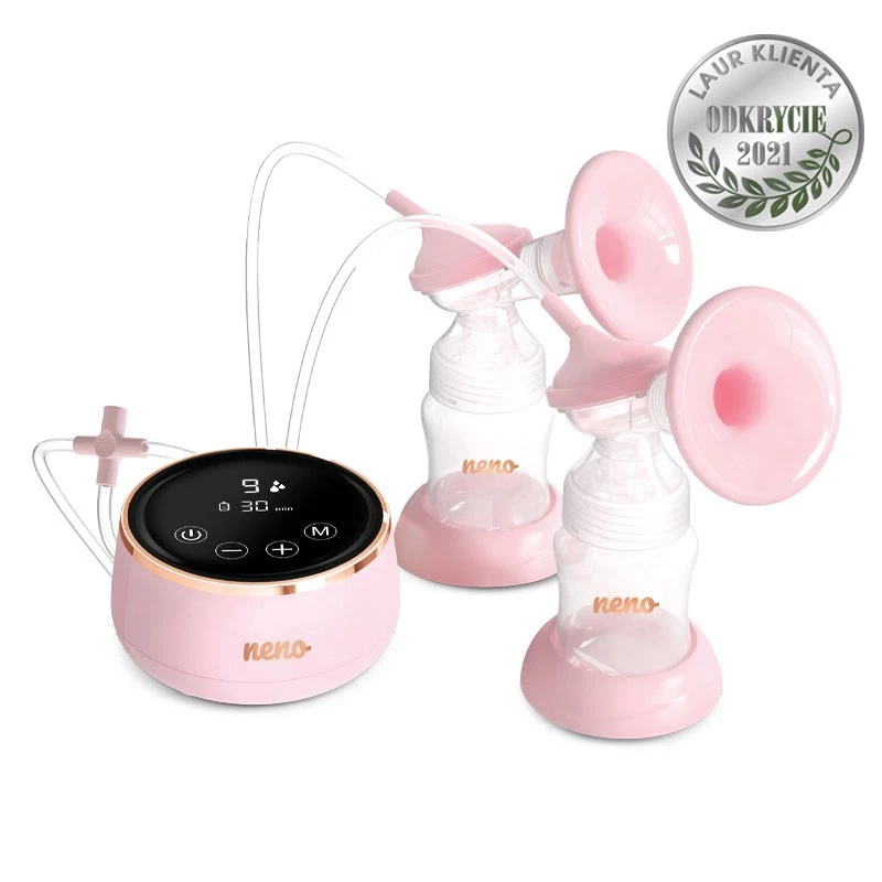 Bomba tira-leite elétrica neno Bella Twin – eletrónica, biberões de 150 ml, 6 níveis de estimulação / 9 de sucção, bateria de iões de lítio USB, rosa/transparente