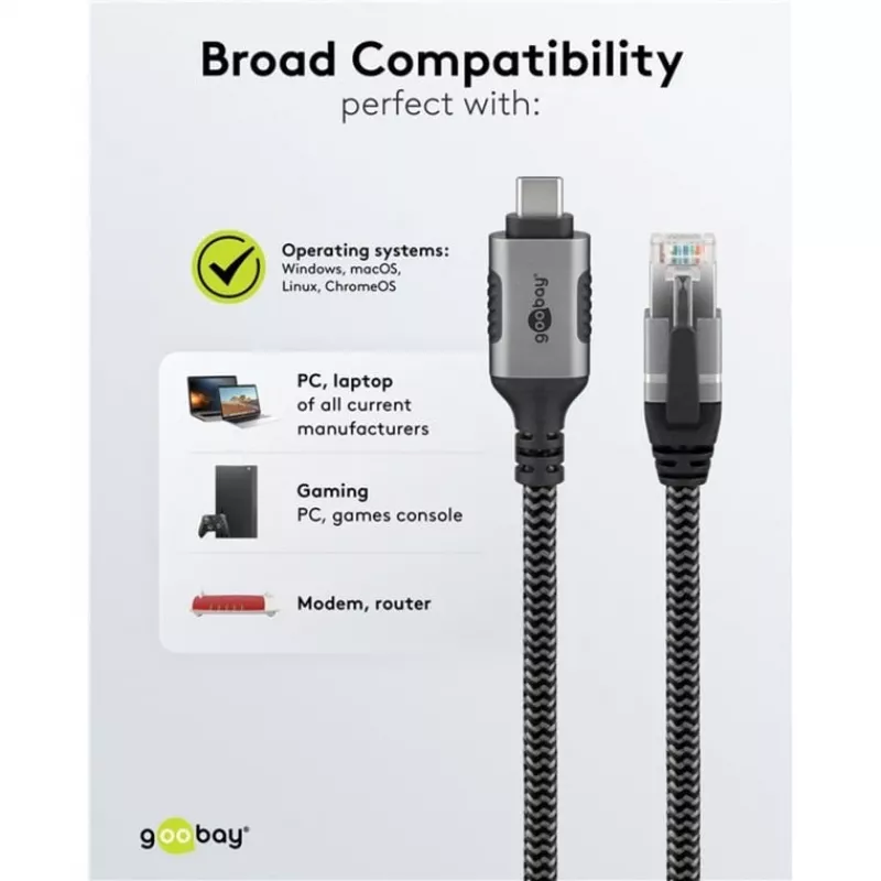 Goobay 70752 cabo Ethernet de USB-C 3.1 para RJ45, Cat6 F/UTP, 5 m, preto/prateado