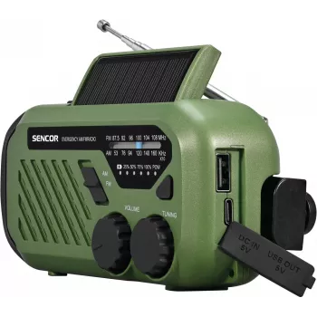 Rádio portátil FM/AM SENCOR SRD1000SCLGR com Bluetooth, carregamento solar/manivela/USB-C, bateria de 2000 mAh, IPX4, luzes LED