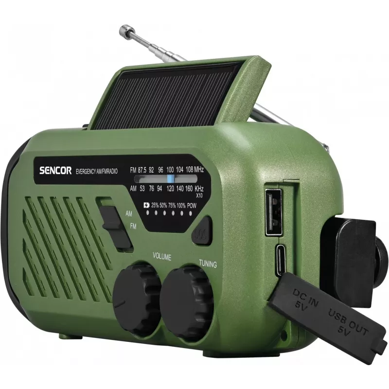 Rádio portátil FM/AM SENCOR SRD1000SCLGR com Bluetooth, carregamento solar/manivela/USB-C, bateria de 2000 mAh, IPX4, luzes LED