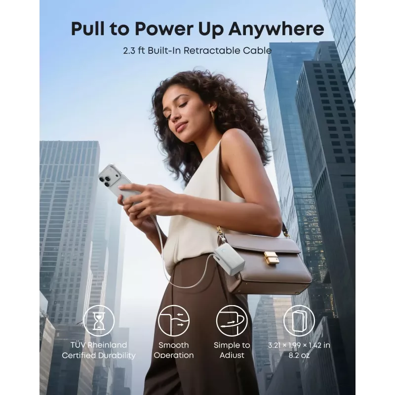 Powerbank Anker A1638 10000 mAh, 45 W de potência total de saída, branco, cabo USB-C retrátil integrado