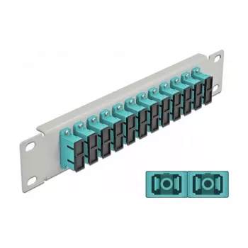 Patch panel de fibra ótica DeLOCK 10 polegadas 12 portas SC duplex aqua 1U cinzento