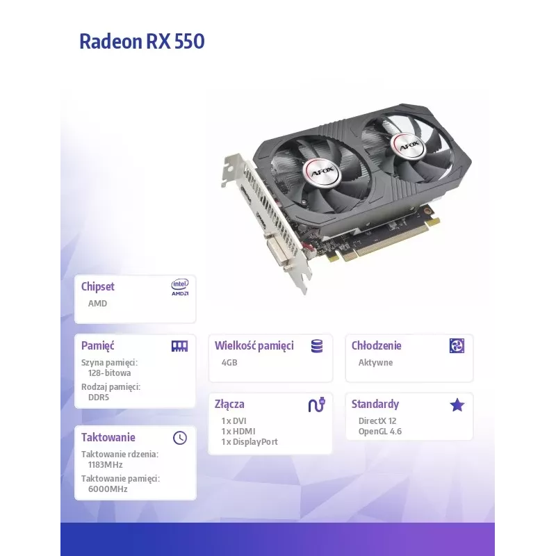 Placa gráfica AFOX AMD Radeon RX 550 4 GB GDDR5 PCIe 3.0, 1183 MHz, 128-Bit, ventoinha dupla