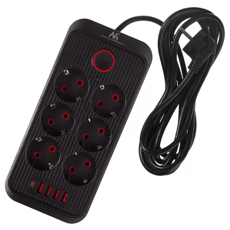 Extensão elétrica MACLEAN MCE391 B – 6 tomadas, 4×USB-A + 1×USB-C, 110–240V, 2500W, cabo de 3 m, preto