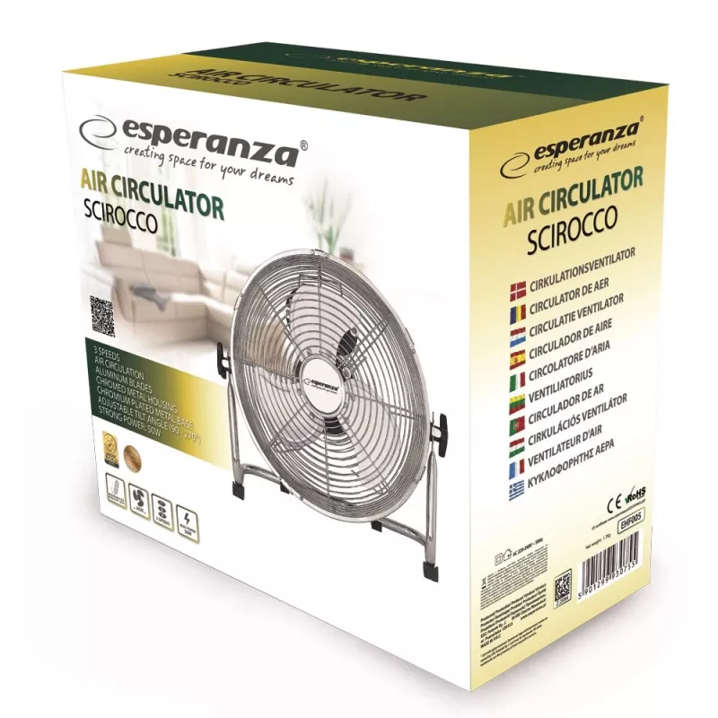 Ventilador de mesa ESPERANZA EHF005 Scirocco 12 polegadas – 3 velocidades, 36 cm de diâmetro, cromado, 50 W