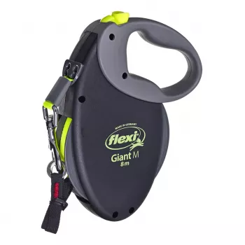 Trella Flexi NEON GIANT M — trela de fita 8 m, carga máx. 25 kg, pega ergonómica, preta/amarela