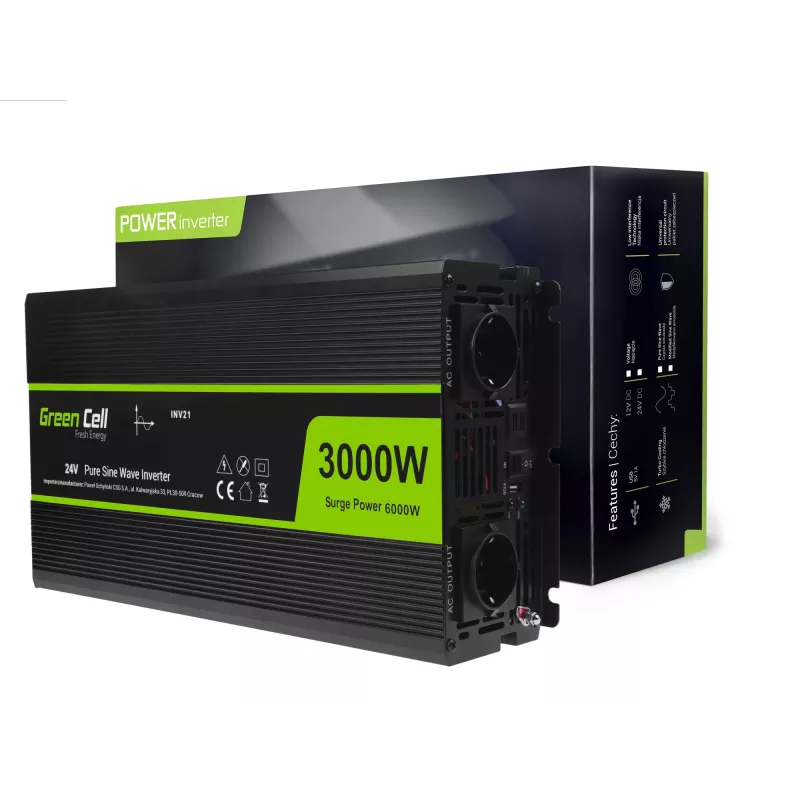 Inversor para automóvel Green Cell INV21 6000 W, 24V DC-AC, saída 230V, 2x USB PD, arrefecimento ativo, conectores DC removíveis, preto