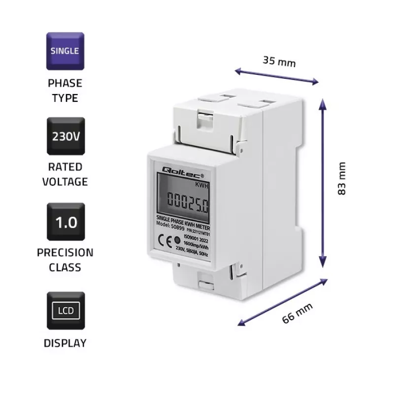 Contador de consumo de energia monofásico QOLTEC 50899 230 V 50 Hz, 5(60)A, classe 1.0, LCD