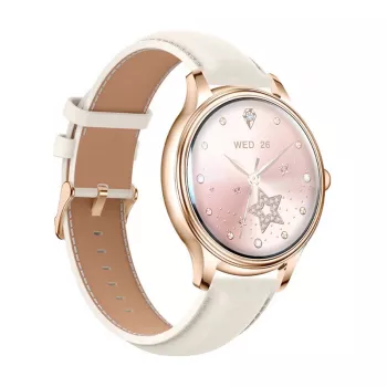 Smartwatch Colmi L28 com caixa dourada e bracelete de couro dourada