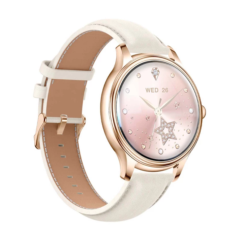 Smartwatch Colmi L28 com caixa dourada e bracelete de couro dourada