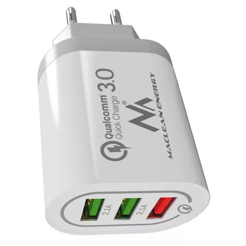 Carregador de parede MACLEAN MCE479W — carregador rápido USB de 3 portas, 18W de potência total
