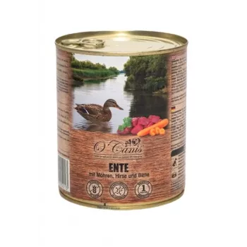 Comida húmida para cães o'canis pato com milho-miúdo e cenoura — lata de 800 g, proteína 9,7%, gordura 4,2%, humidade 74,4%