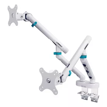 Suporte de monitor DIGITUS Dual-Design para 2× ecrãs de 35 polegadas, grampo, 2×10 kg, VESA 75–100, inclinável -45–90°