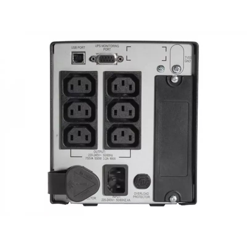 UPS APC Smart 750VA 230V USB com certificação UL, 0,75 kVA, 500 W, 50/60 Hz, 340 J, IEC 60320, 4,8 min.