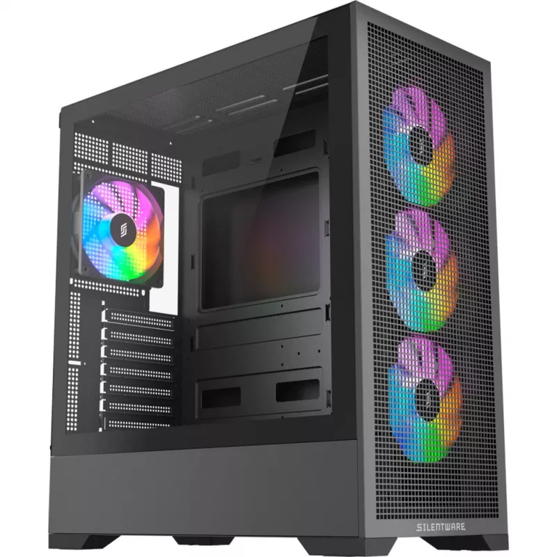 Caixa de PC Silentware Core 100 A-RGB preta — modelo CORE100Schwarz, iluminação A-RGB, formato Mid-Tower