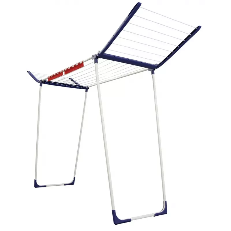 Estendal Leifheit Pegasus 180 Maxx Winged — estendal de chão, 18 m de comprimento de secagem, altura ajustável 1080–1280 mm, 550×1100×1280 mm, azul/branco