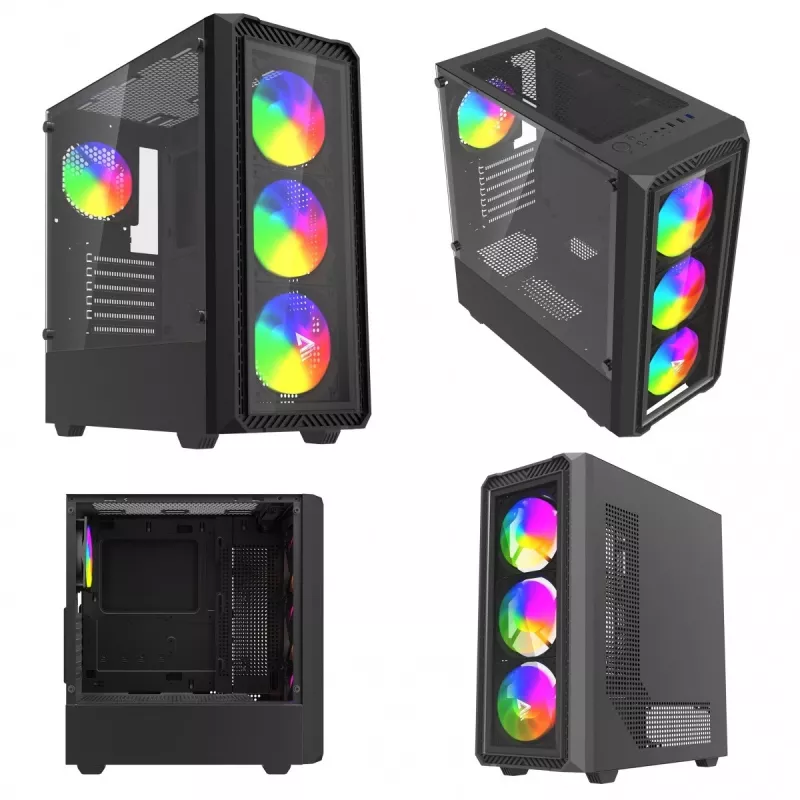 Savio Noctis Glass RGB Cube caixa para PC, ATX/Micro-ATX/Mini-ITX, frente de vidro temperado, ventoinhas RGB, preta