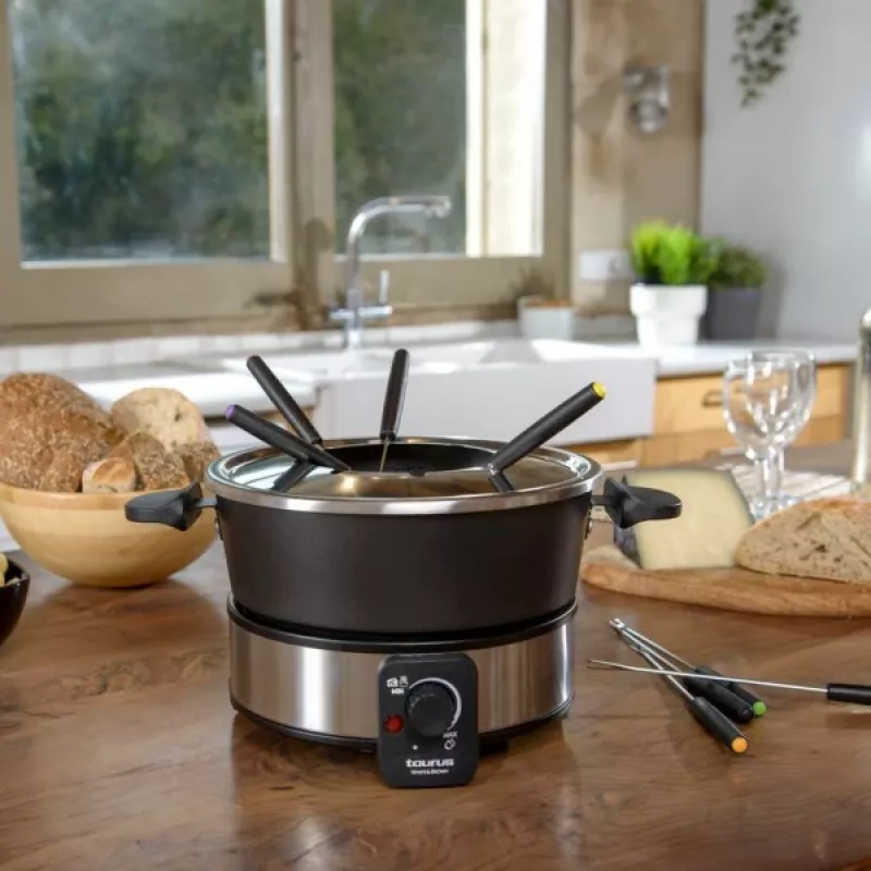 Conjunto de fondue Taurus FF2 2 L para 8 pessoas, caixa de aço inoxidável, 1000 W, 230 V, preto/prateado