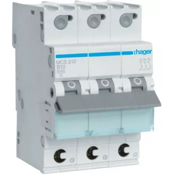 Hager MCS310. Corrente nominal: 10 A. Tipo: curva C, número de módulos (máx.): 3 módulos. Largura: 52,5 mm, profundidade: 70 mm, altura: 83,4 mm (MCS310)