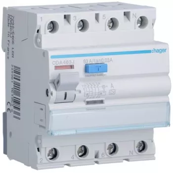 Hager CDA463J disjuntor diferencial, 3P+N, 63 A, 30 mA, 6 kA, tipo A