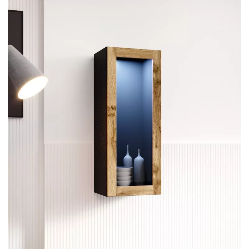 Vitrina Cama Meble VIGO 90 vidro, montagem na parede, 90×35×32 cm, preto/carvalho Wotan