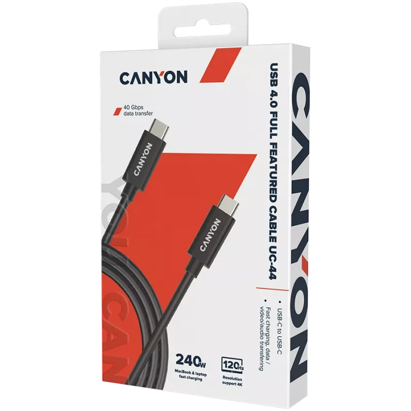 CANYON UC-44, cabo, U4-CC-5A1M-E, cabo USB4 Type-C para Type-C 40G 1 m 5A 240W (ERP) com E-MARK, CE, ROHS, preto
