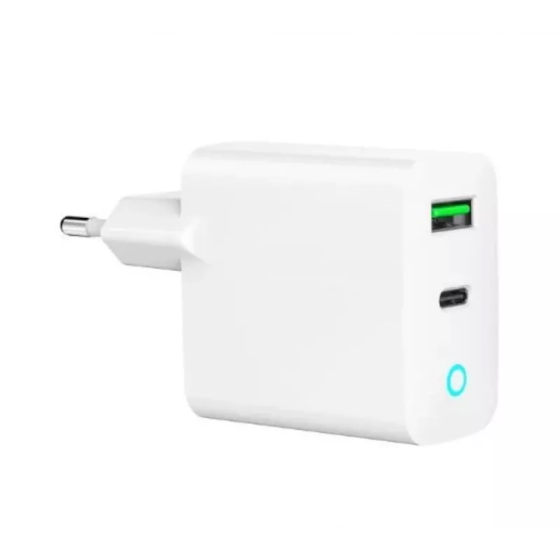 Carregador de rede 220V GEMBIRD, universal, 1x USB Type-C PD 20 W, 1x USB-A 3.0 QC 18 W, indicador LED, branco