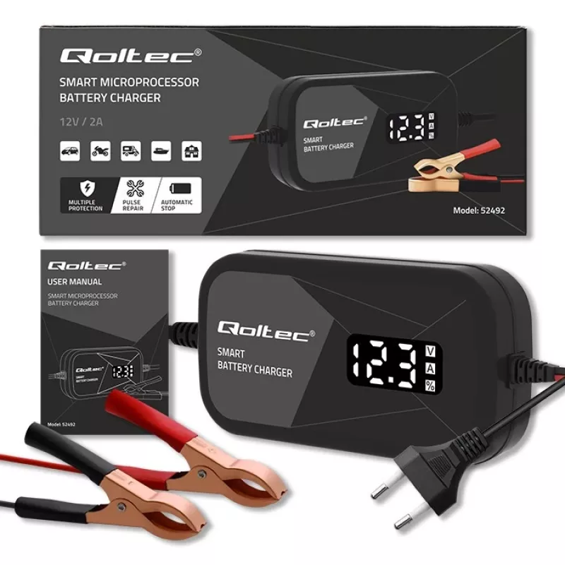 Carregador de baterias QOLTEC 52492 12V 2A com controlo por microprocessador e regeneração de células