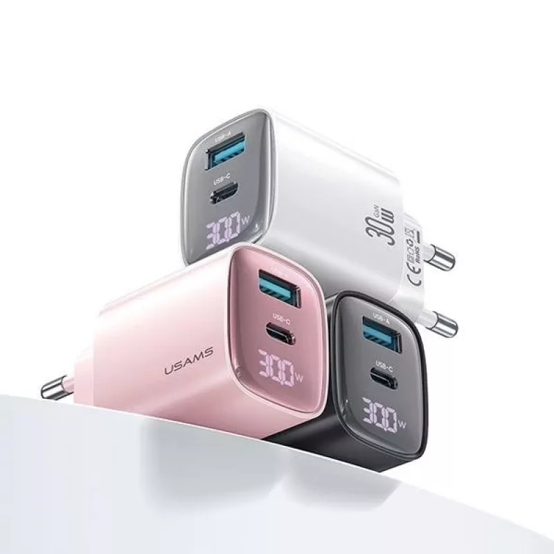 Carregador rápido GaN 30W USB e USB-C usams CC229 Branco — indicador LED, design compacto