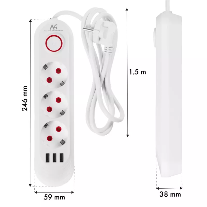 Extensão elétrica MACLEAN MCE394W — 3 tomadas, 3×USB 2,1A, 110–240V AC, 2500W, cabo de 1,5 m, branco