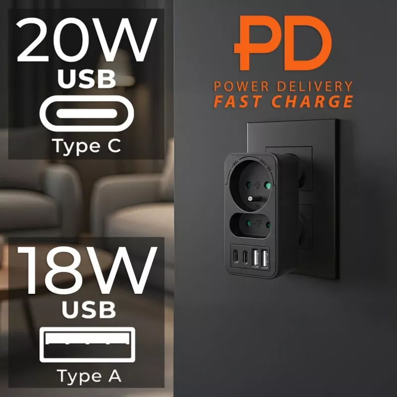 Power Splitter MACLEAN MCE249 F/B – 2 tomadas AC (16A + 6A) com 2×USB-A e 2×USB-C PD 20W, ficha EU, preto