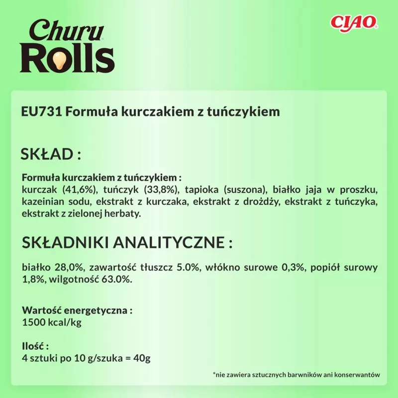 INABA Churu Rolls receita de frango envolta em receita de atum - guloseima para gatos - 4x10 g